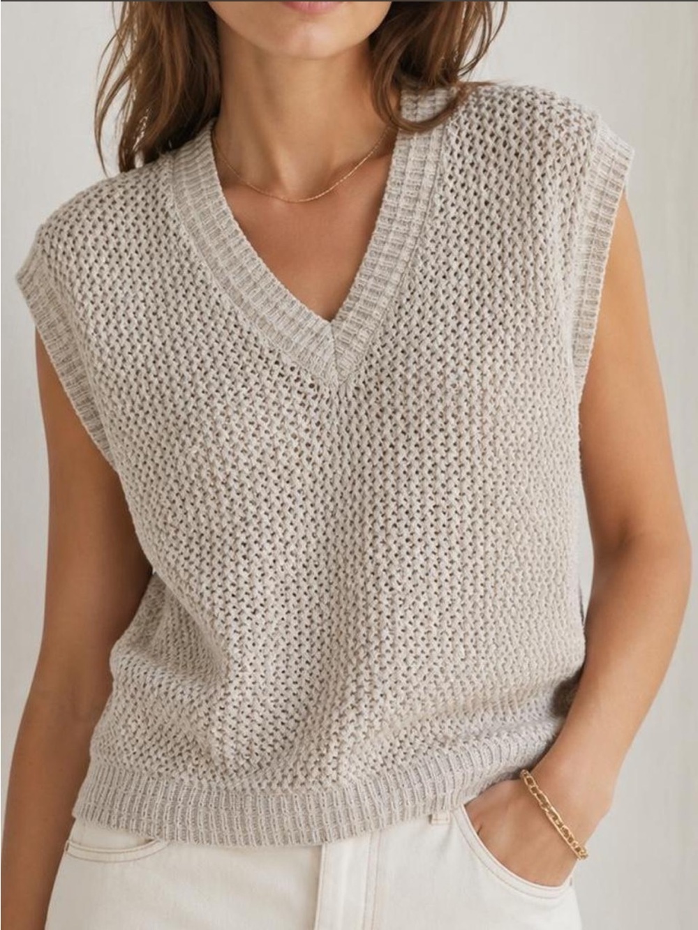 JOIE Sleeveless V-Neck Knit Sweater in Light Beige with Metallic Sequin